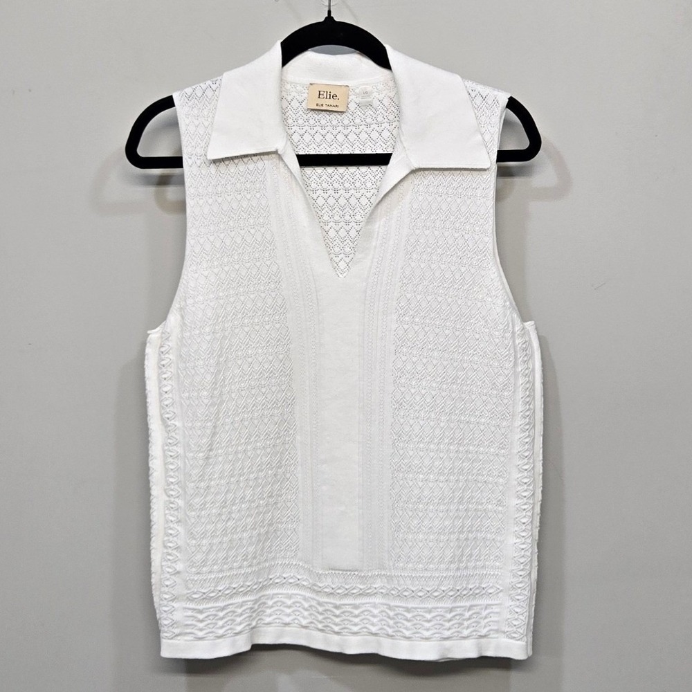 Elie Tahari Knit Polo Top Large White Pointelle Knit Stretch Luxury Tennis Golf